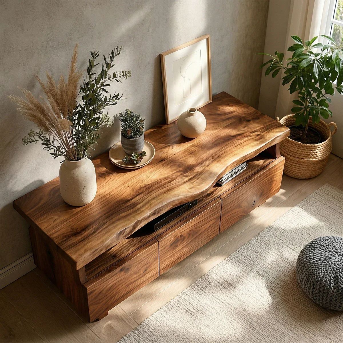 TV Stand with Storage Drawers and Open Shelf in Natural Solid Wood - ArborisWood - 8