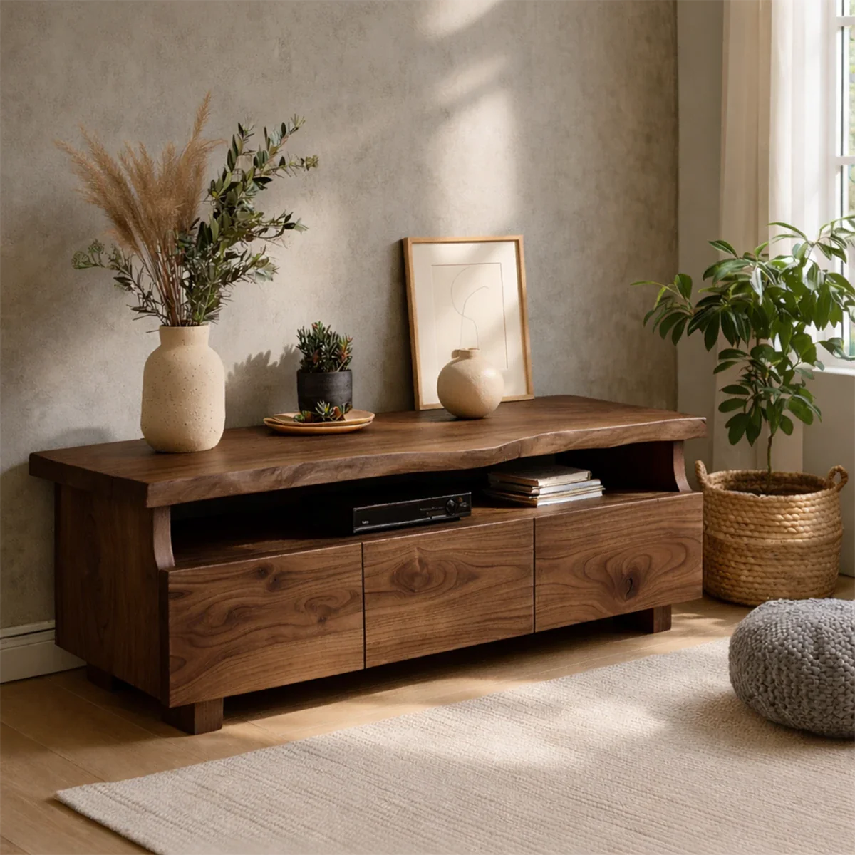 TV Stand with Storage Drawers and Open Shelf in Natural Solid Wood - ArborisWood - 9