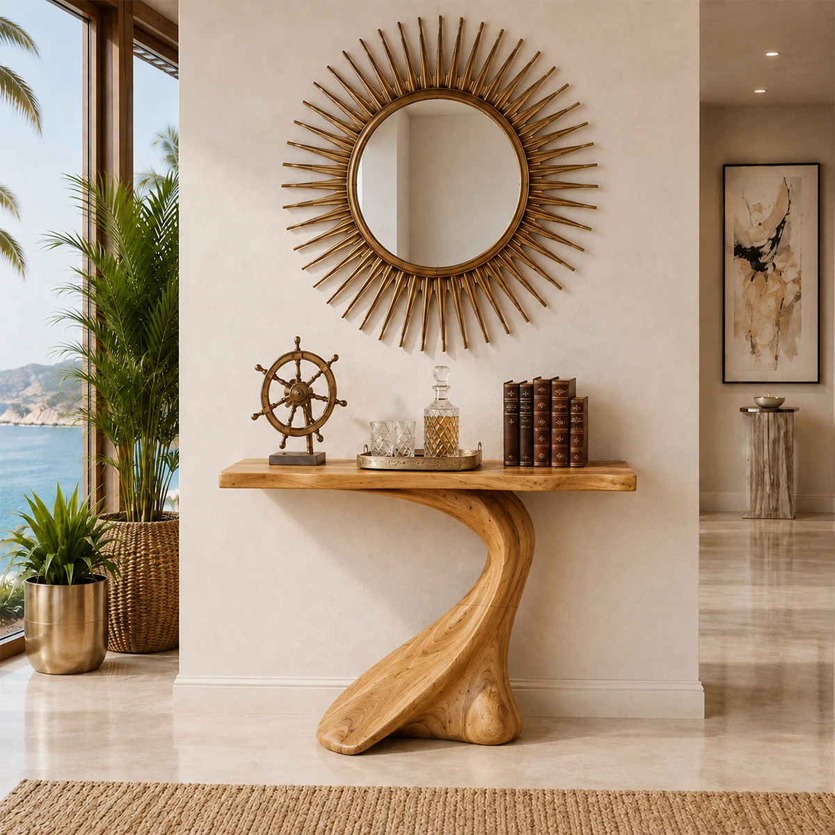 Luxury foyer table with an organic pedestal base and broad top for decor display