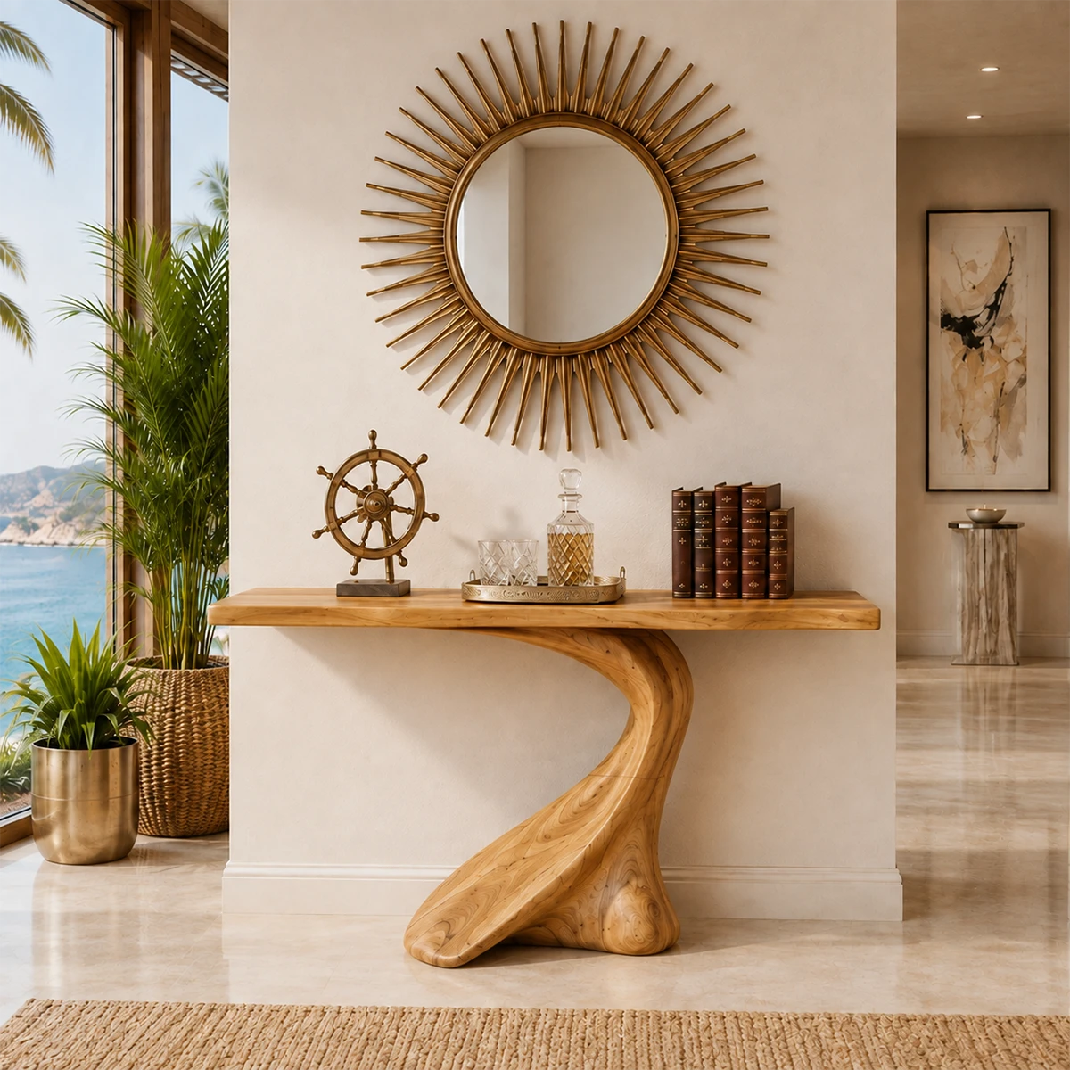Contemporary console table showcases a fluid support design in a bright home setting