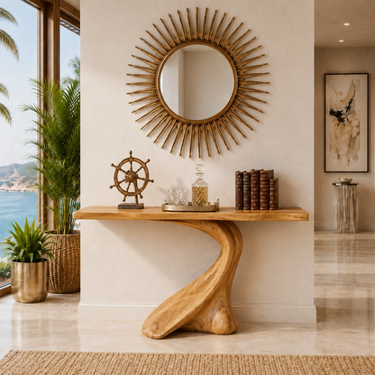 Contemporary console table showcases a fluid support design in a bright home setting
