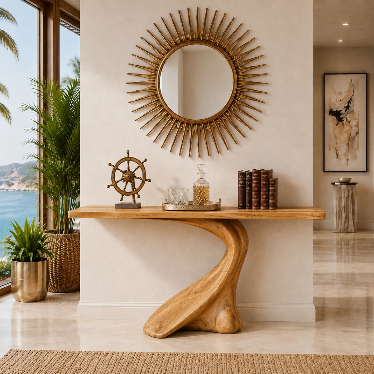 Wood tone console table with a dramatic curved base and minimalist styling indoors