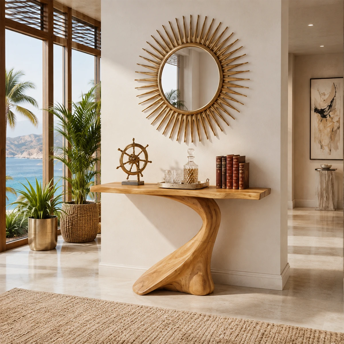 Sculptural console table with a twisted pedestal base in a bright coastal interior