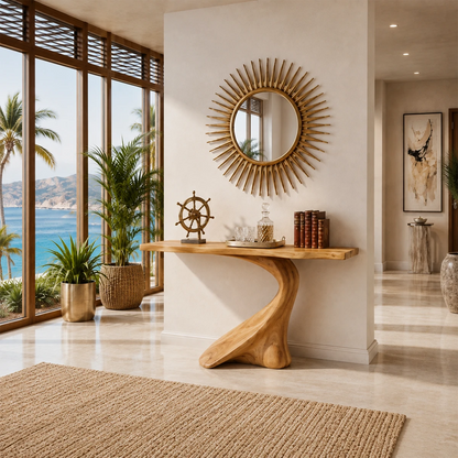 Organic modern console table styled beneath a sunburst mirror in a warm airy room