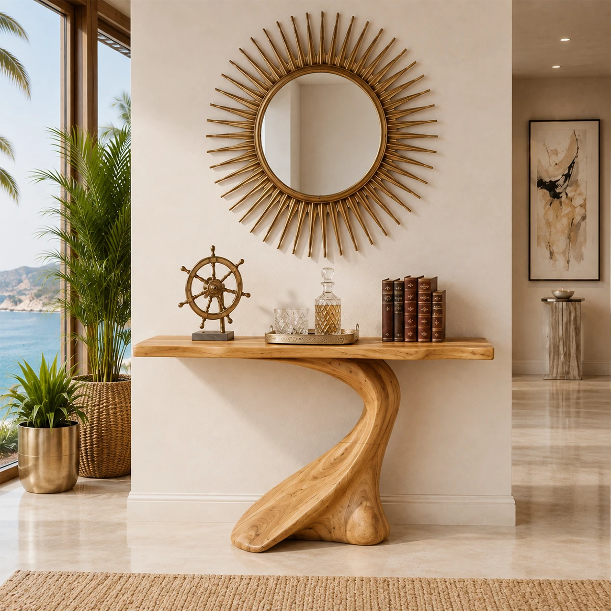 Entryway console table featuring a spiral support and sleek top display surface indoors