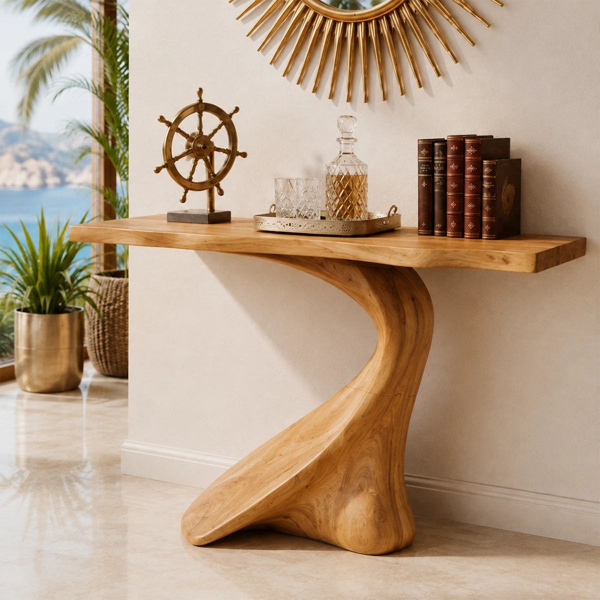 Designer hallway table with sculpted pedestal form and refined decor styling indoors