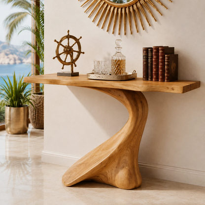 Designer hallway table with sculpted pedestal form and refined decor styling indoors