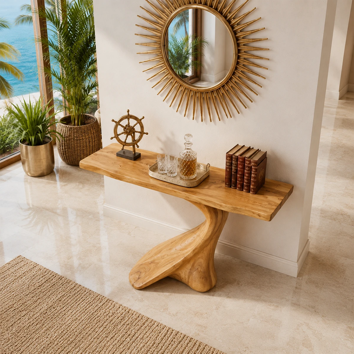 Narrow console table with a curved architectural base for elegant foyer decor styling