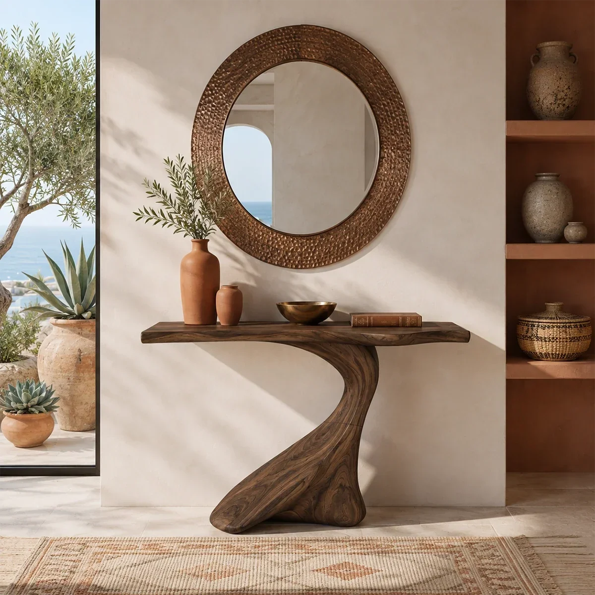 Artistic sofa table with a sweeping pedestal silhouette in a serene living space