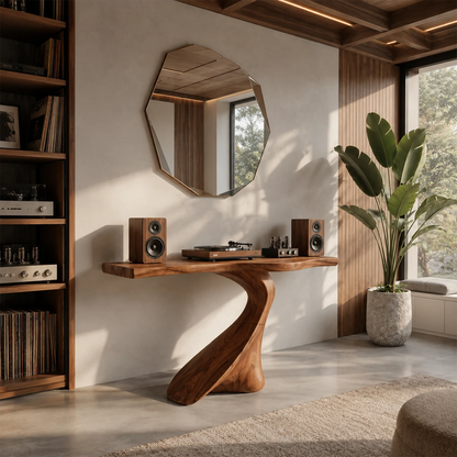 Modern accent console with flowing lines and visible grain near ocean view windows