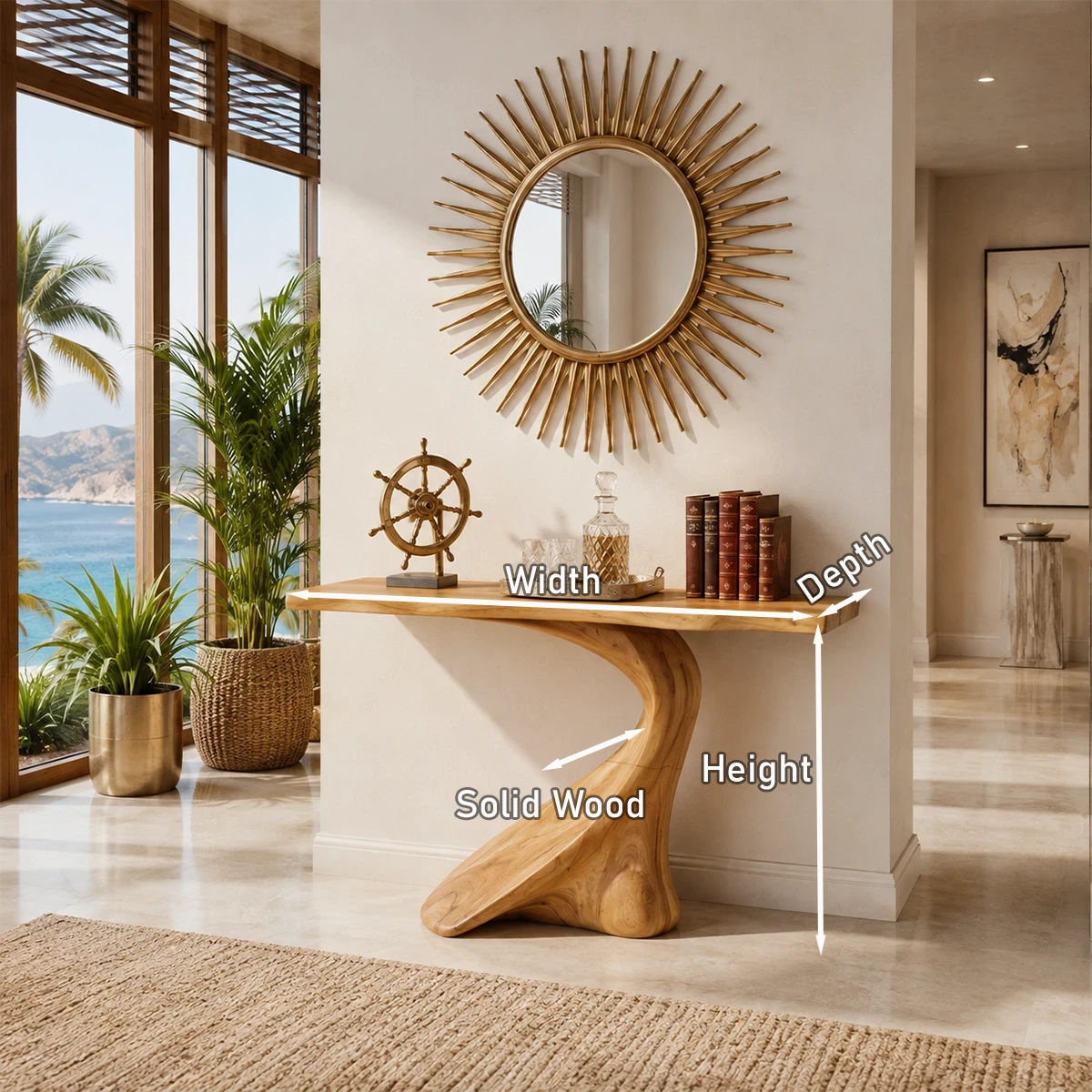 Statement console table blends sculptural form and warm wood tone in open interiors