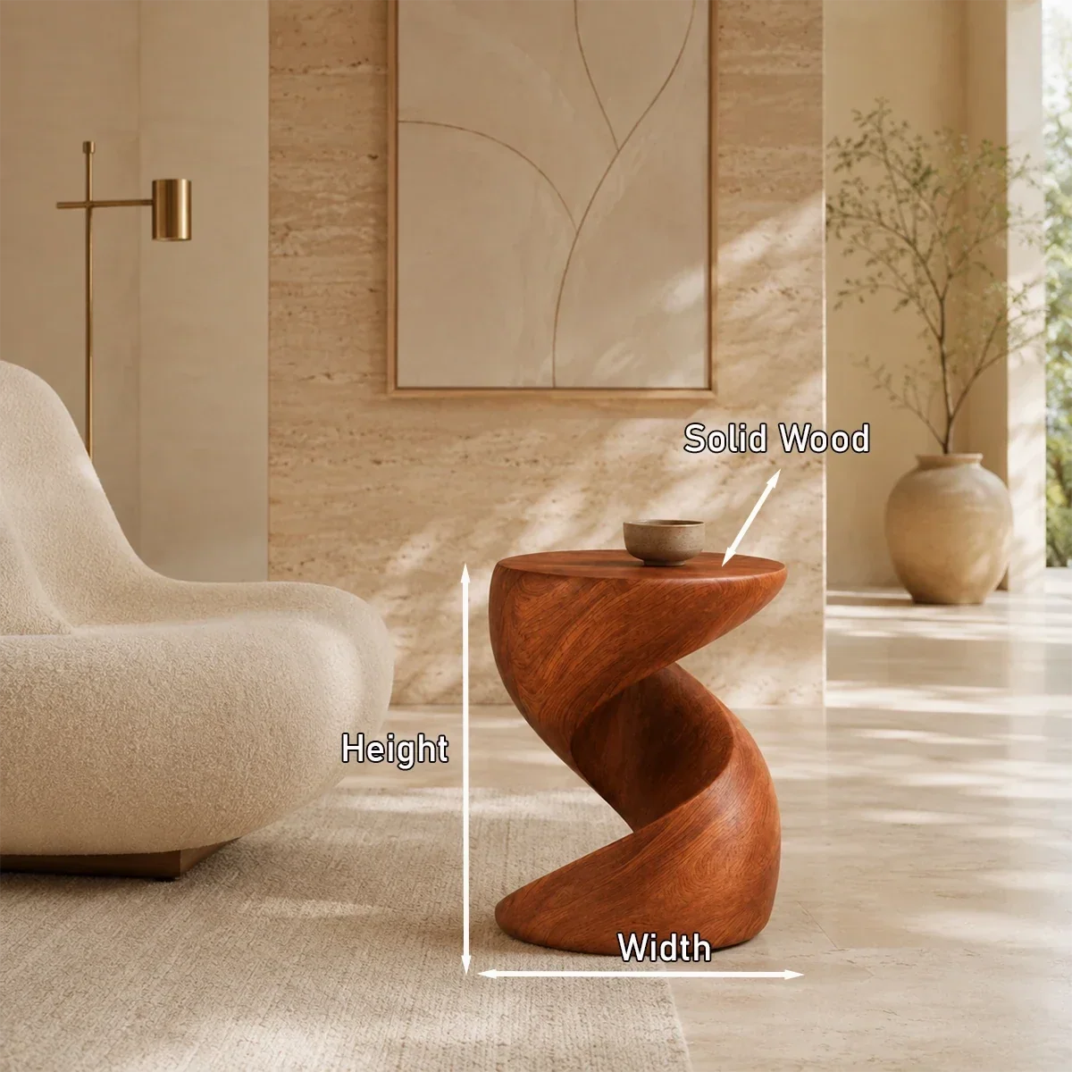 Minimalist side table with spiral form and compact profile for elegant living spaces