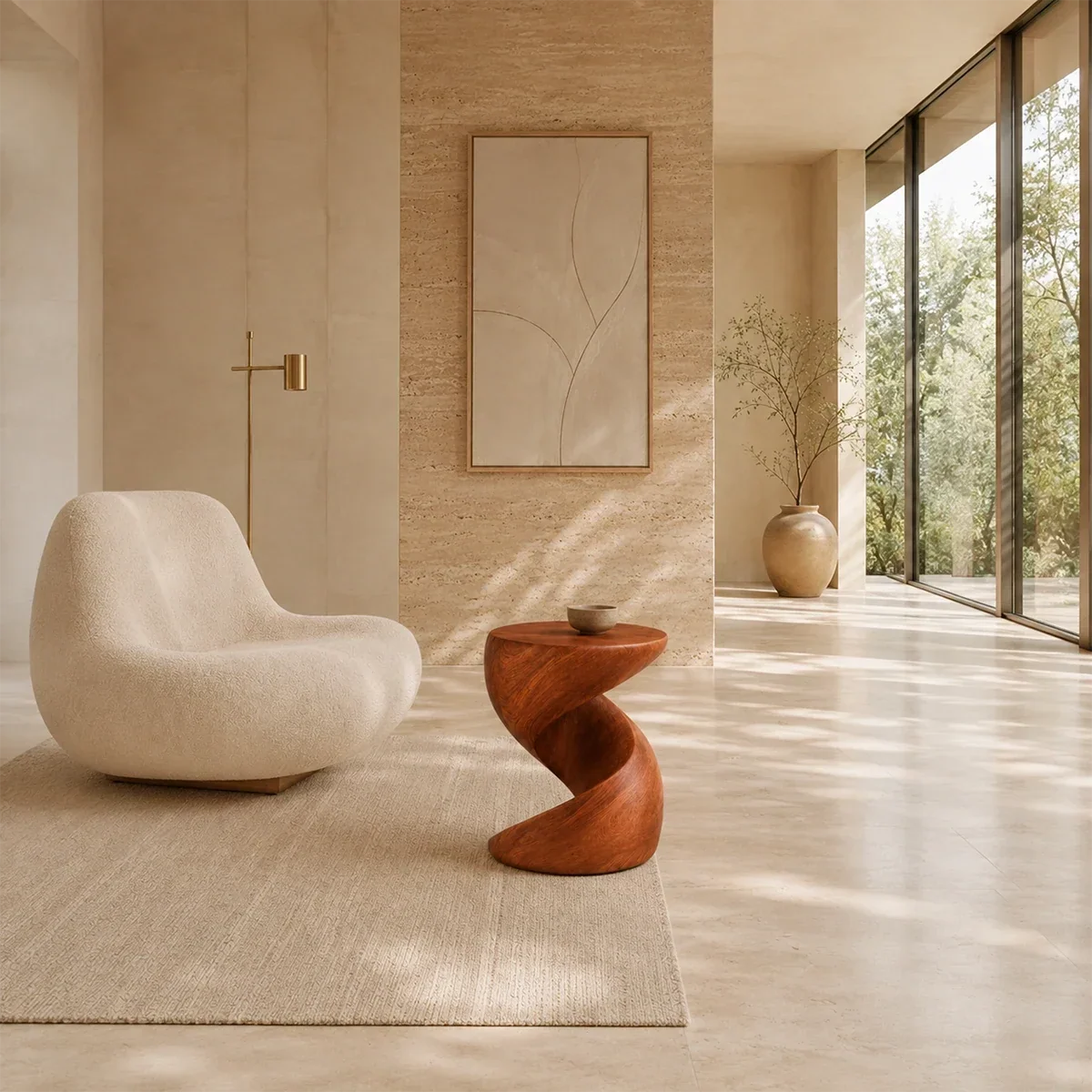 Organic modern side table with flowing curves beside a soft lounge chair in warm light