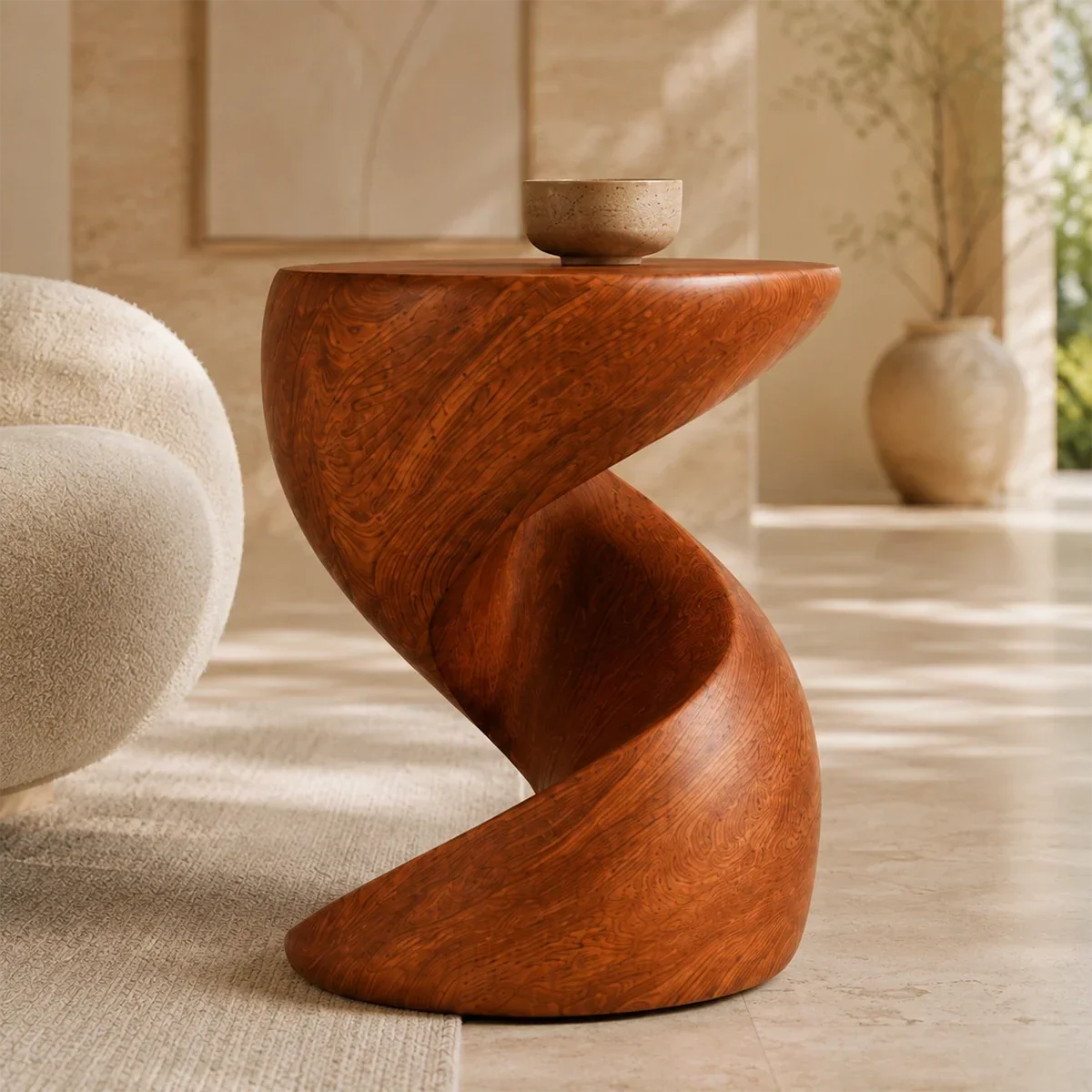 Accent end table featuring a spiral silhouette and visible grain in a refined living space
