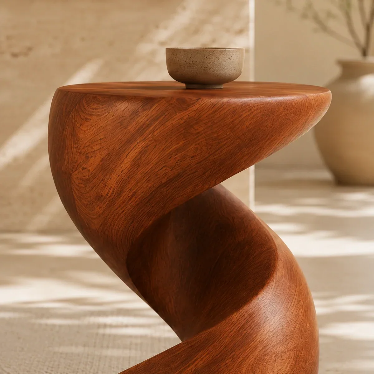 Designer side table with sculpted curves and a compact top for modern room styling