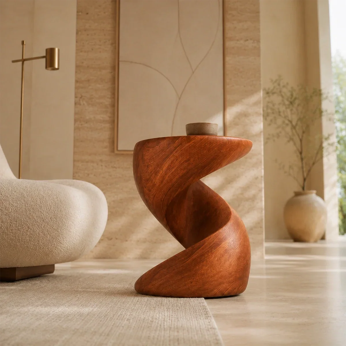 Curved side table adds sculptural character and a compact surface to serene interiors