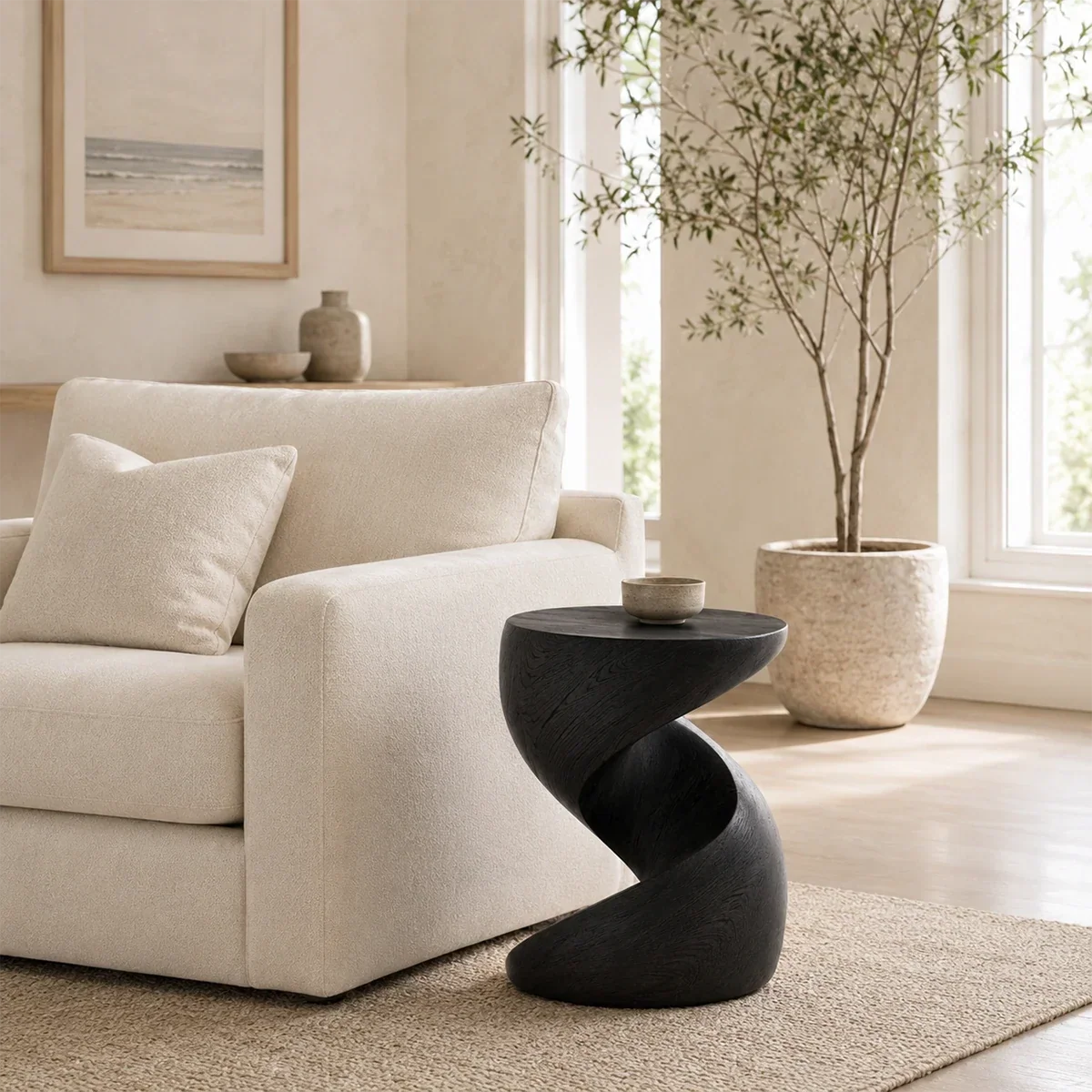 Contemporary end table showcases organic curves and warm wood tone in an airy room