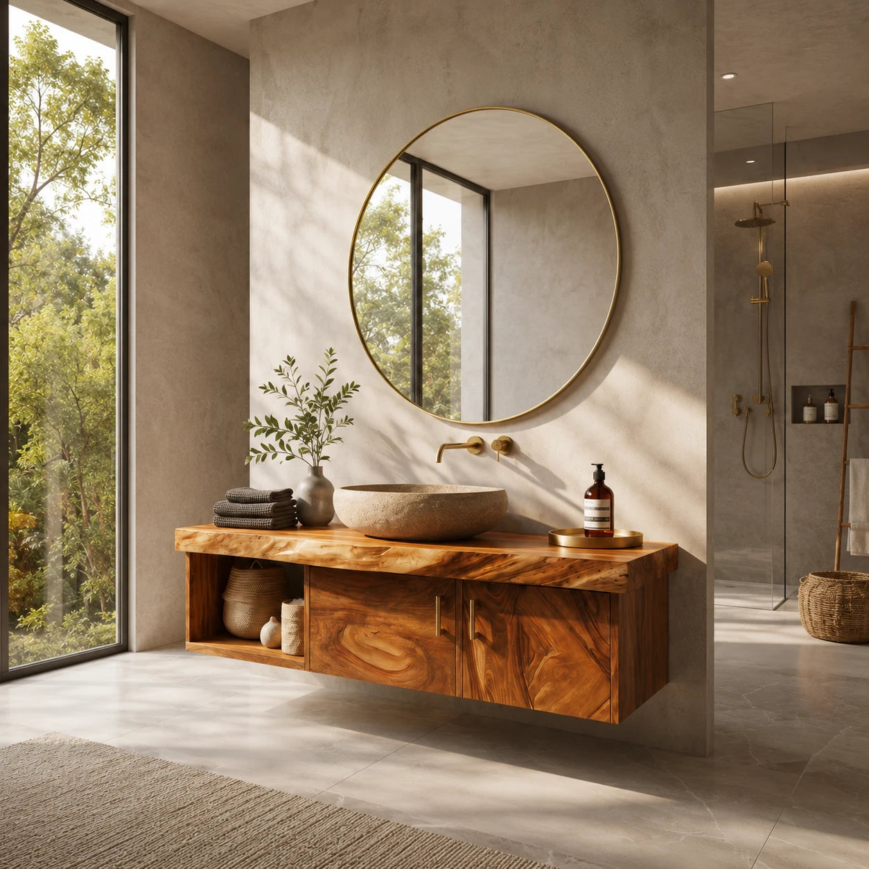 Two Door Floating Vanity Crafted From Natural Solid Wood With Open Shelves - ArborisWood - 10