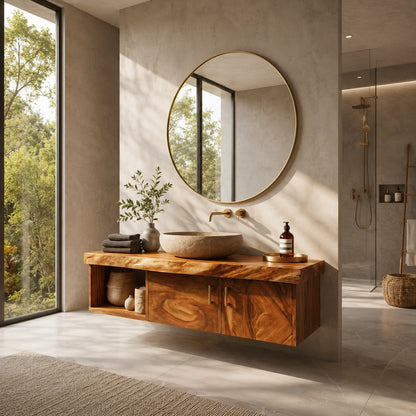 Two Door Floating Vanity Crafted From Natural Solid Wood With Open Shelves - ArborisWood - 10