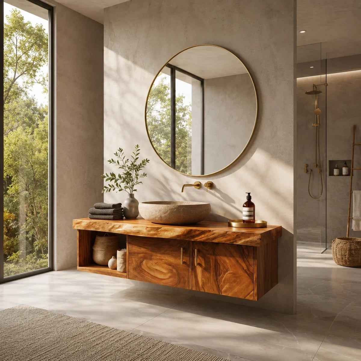Two Door Floating Vanity Crafted From Natural Solid Wood With Open Shelves - Arboriswood - 10