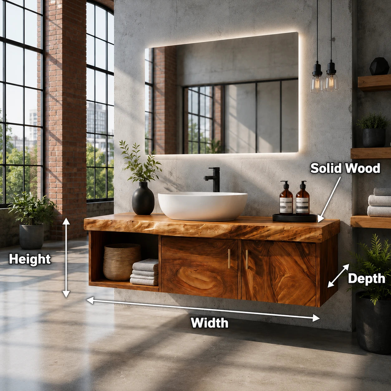 Two Door Floating Vanity Crafted From Natural Solid Wood With Open Shelves - ArborisWood - 11