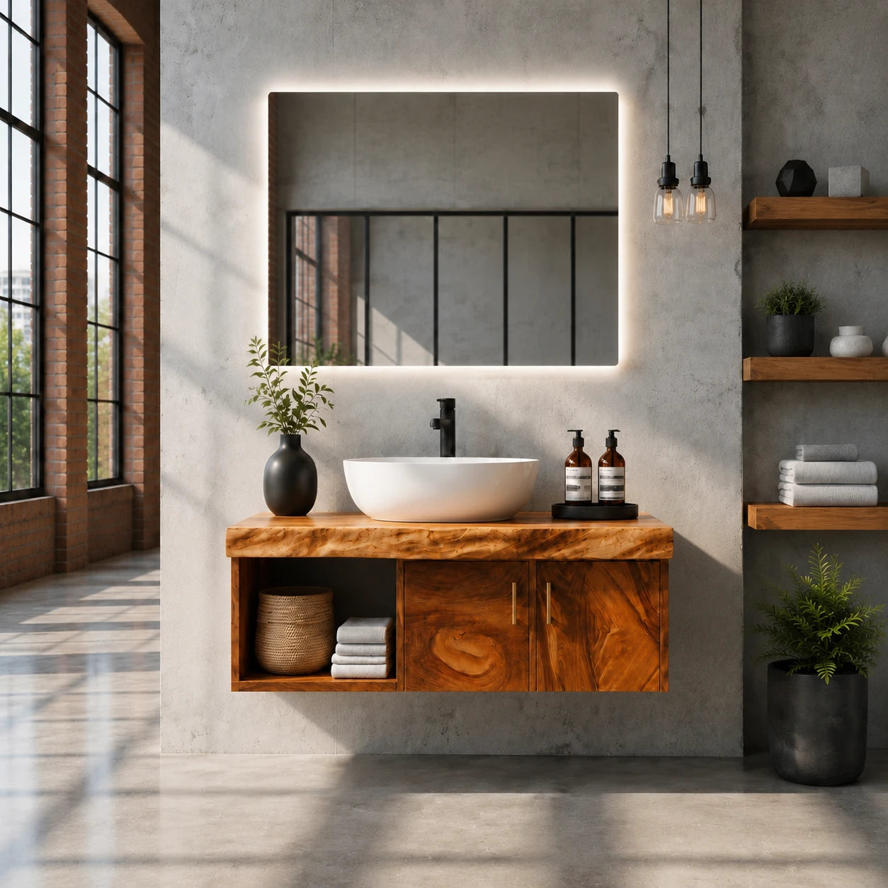 Two Door Floating Vanity Crafted From Natural Solid Wood With Open Shelves - ArborisWood - 12