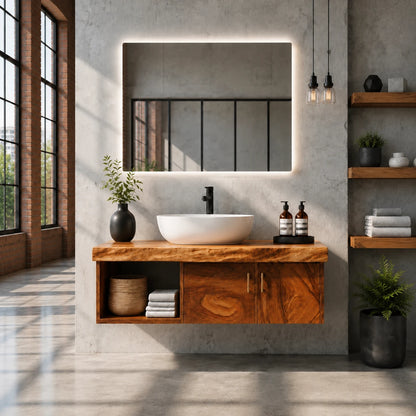 Two Door Floating Vanity Crafted From Natural Solid Wood With Open Shelves - ArborisWood - 13