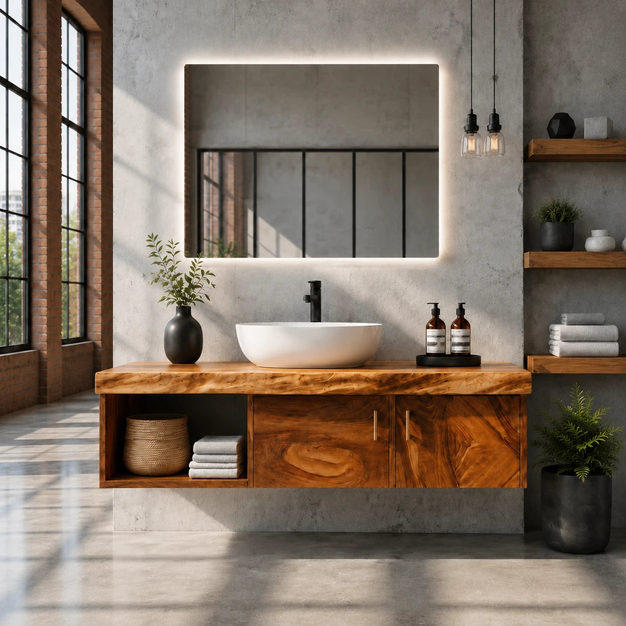 Two Door Floating Vanity Crafted From Natural Solid Wood With Open Shelves - ArborisWood - 14