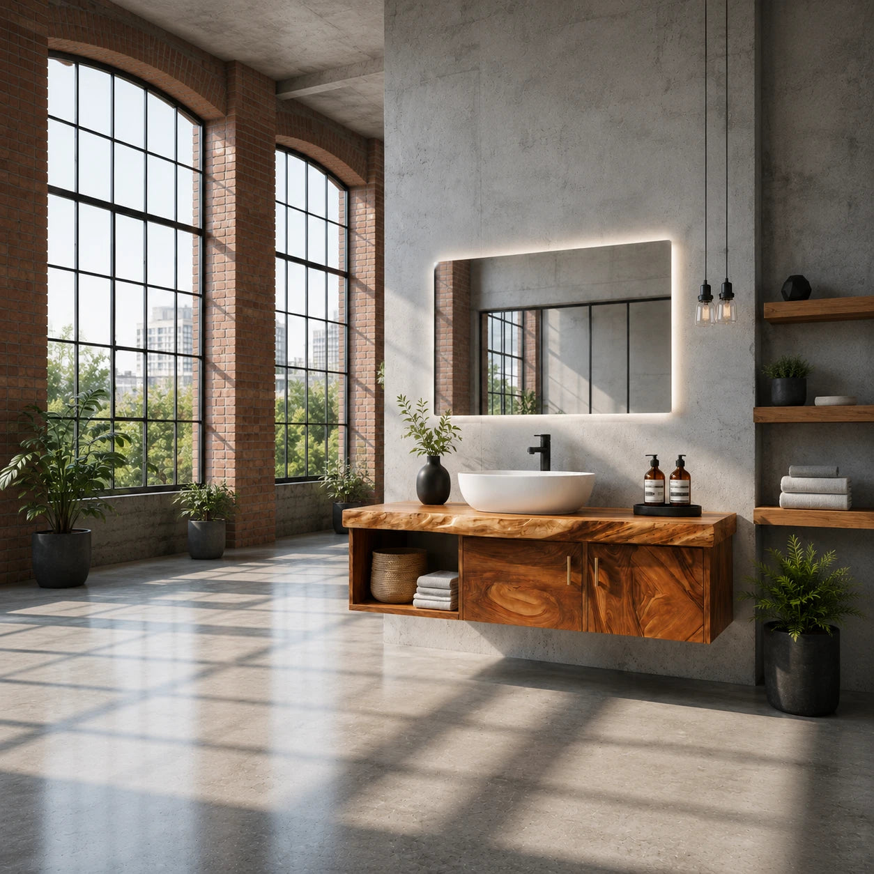 Two Door Floating Vanity Crafted From Natural Solid Wood With Open Shelves - ArborisWood - 2