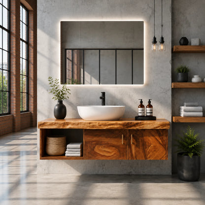 Two Door Floating Vanity Crafted From Natural Solid Wood With Open Shelves - ArborisWood - 3