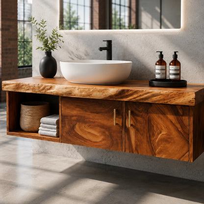 Two Door Floating Vanity Crafted From Natural Solid Wood With Open Shelves - ArborisWood - 4