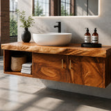 Two Door Floating Vanity Crafted From Natural Solid Wood With Open Shelves - Arboriswood - 4