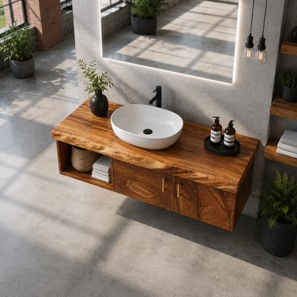 Two Door Floating Vanity Crafted From Natural Solid Wood With Open Shelves - ArborisWood - 5