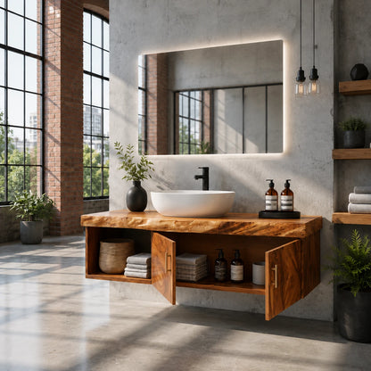 Two Door Floating Vanity Crafted From Natural Solid Wood With Open Shelves - ArborisWood - 6