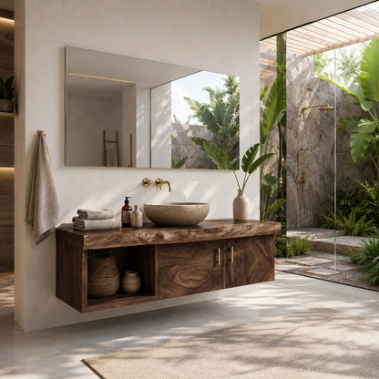 Two Door Floating Vanity Crafted From Natural Solid Wood With Open Shelves - ArborisWood - 7