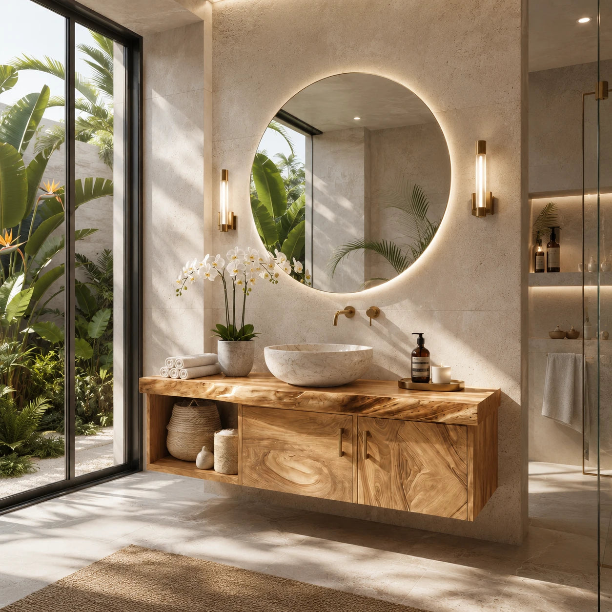Two Door Floating Vanity Crafted From Natural Solid Wood With Open Shelves - ArborisWood - 8
