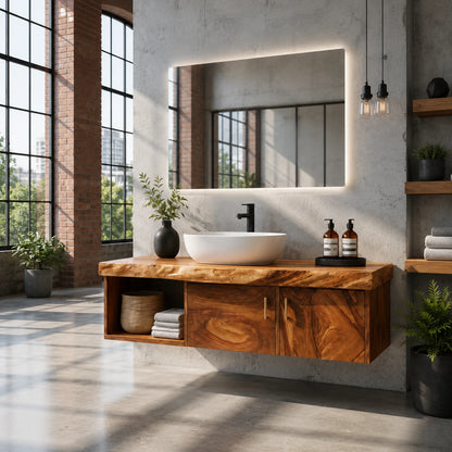 Two Door Floating Vanity Crafted From Natural Solid Wood With Open Shelves - ArborisWood