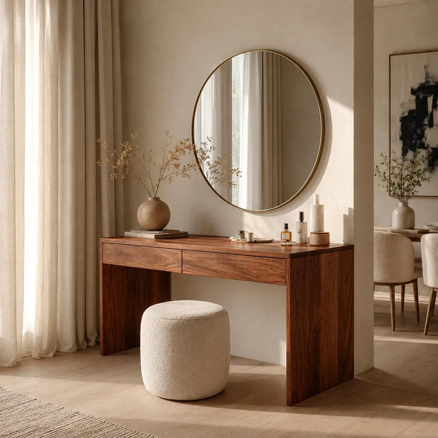 Minimalist dressing table with clean lines and hidden storage beneath a round mirror