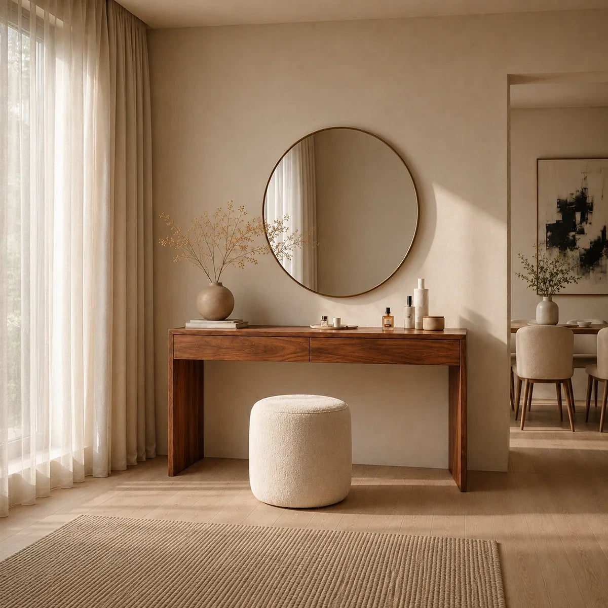 Bedroom vanity desk featuring two wide drawers and a sleek open leg design indoors
