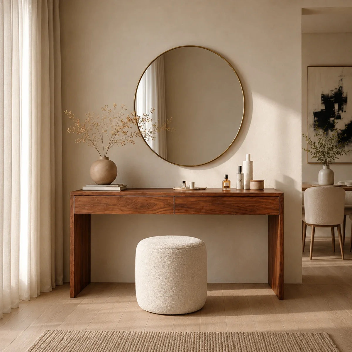Modern makeup vanity with two drawers and warm wood tone finish in a bright interior