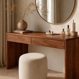 Cosmetic vanity table with simple geometry and warm finish for daily beauty routines