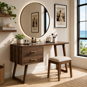 Modern makeup vanity with two drawers and dark wood tone finish in a bright coastal room