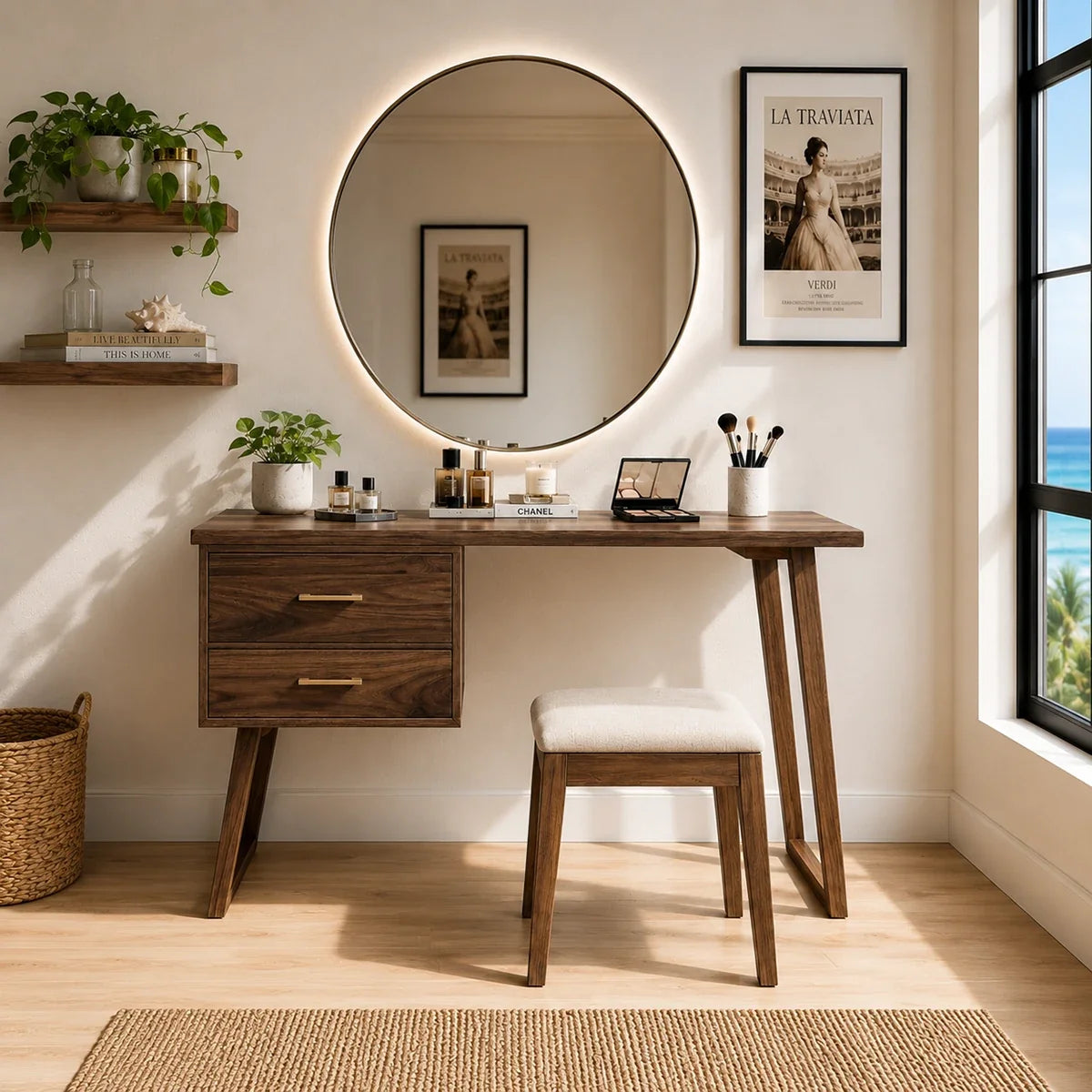Makeup vanity desk featuring two drawers and a broad top for organized beauty items