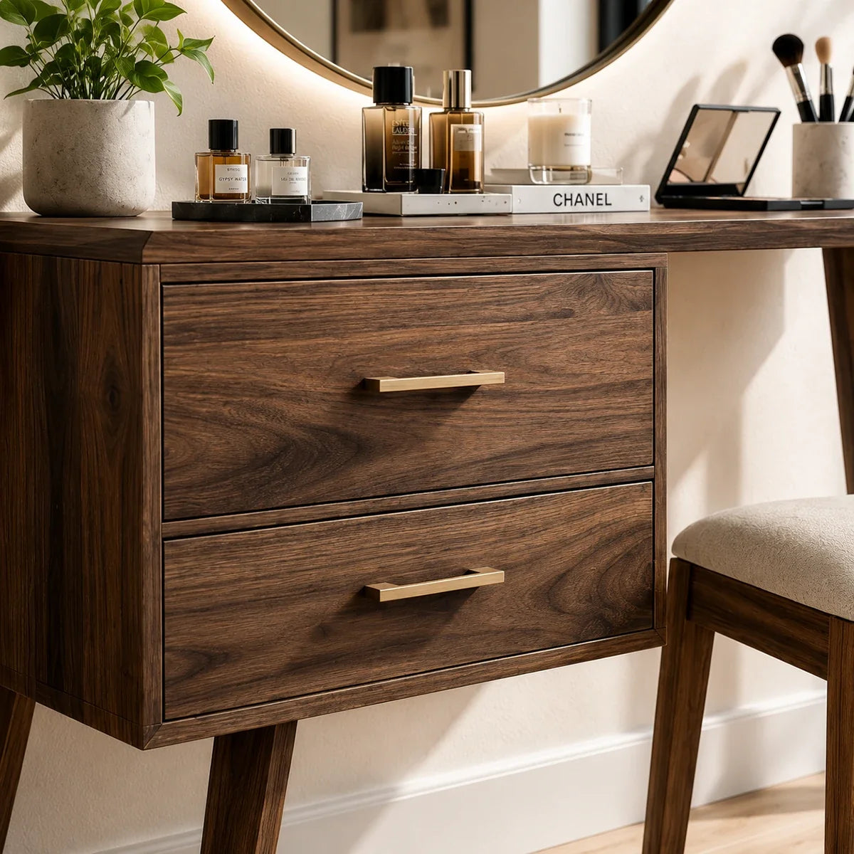 Cosmetic vanity table with tapered legs and practical storage in a calm bedroom setting
