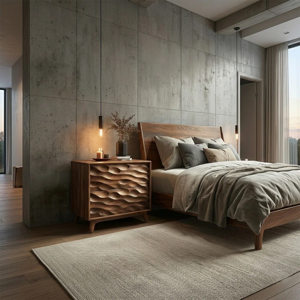 Two Drawer Nightstand with Deep Sculpted Front Panels in Solid Wood - ArborisWood - 3