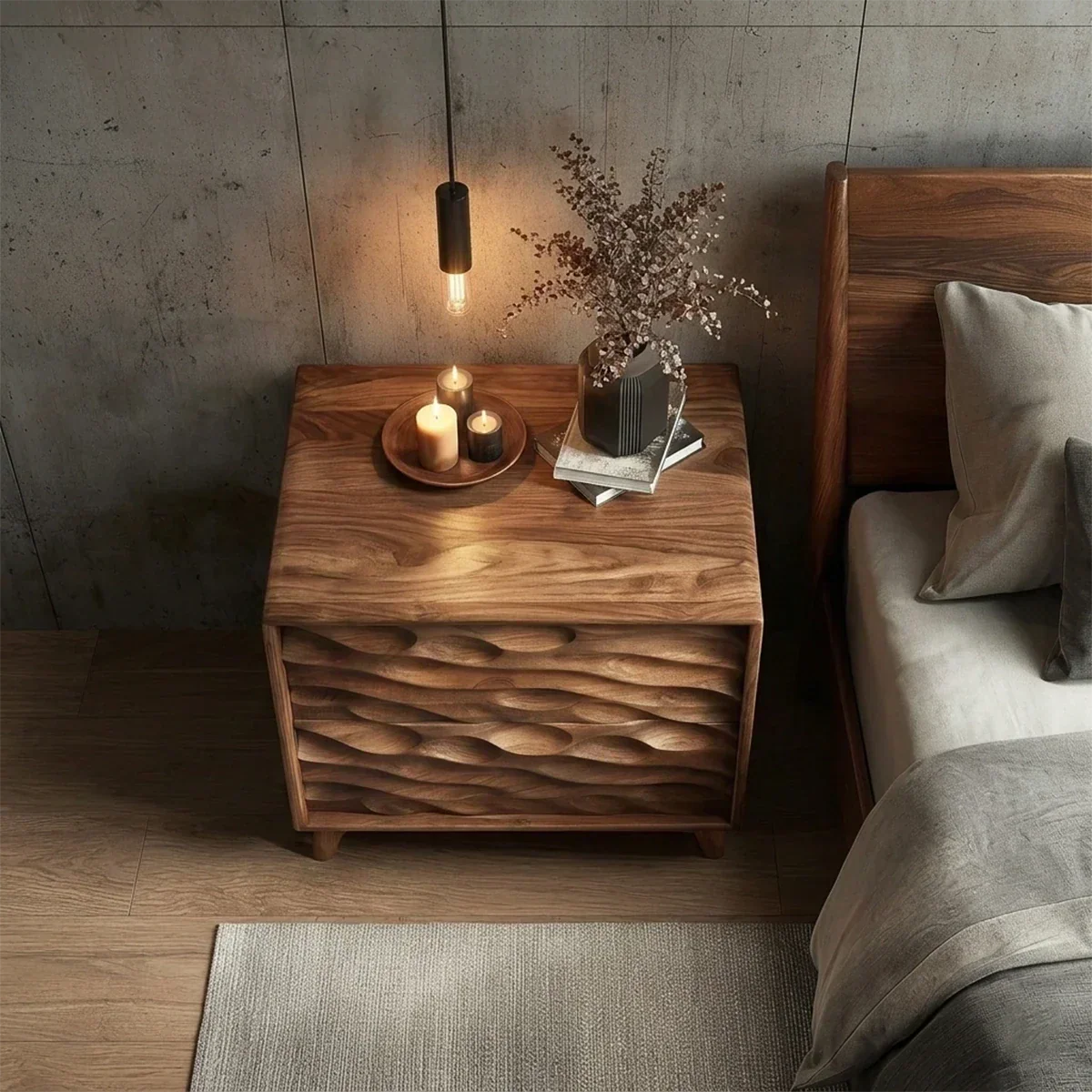 Two Drawer Nightstand with Deep Sculpted Front Panels in Solid Wood - ArborisWood - 6