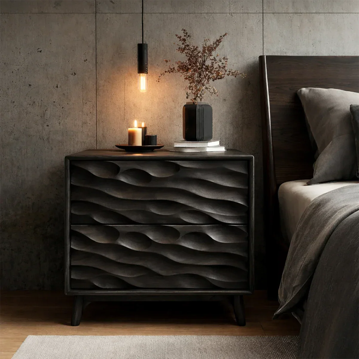 Two Drawer Nightstand with Deep Sculpted Front Panels in Solid Wood - ArborisWood - 9