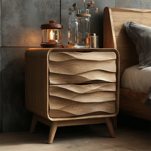 Two Drawer Nightstand with Soft Wave Front in Solid Wood Design - ArborisWood