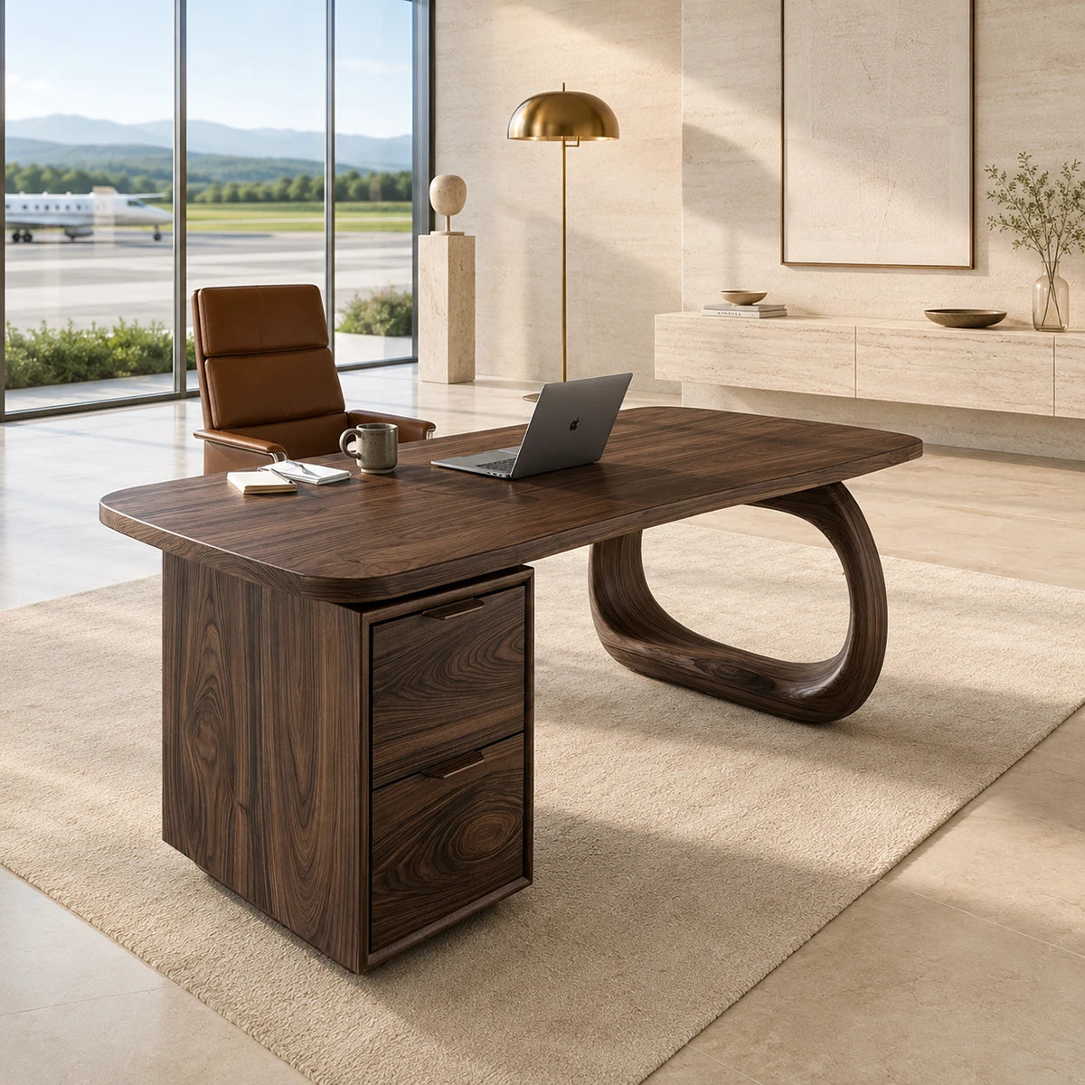 Executive desk with two drawers and sculptural open support in a refined home office