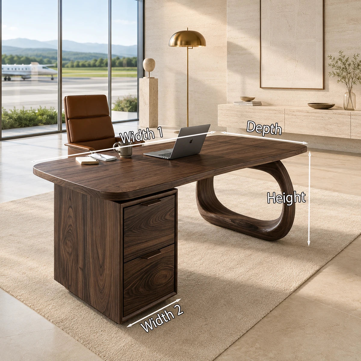 Contemporary desk balances open legroom and integrated storage in an airy workspace